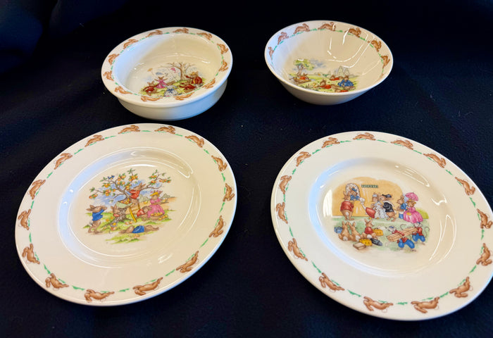 Vintage Royal Doulton Bunnykins 4-Piece Child’s Tableware Set — Iconic English Fine Bone China Featuring Whimsical Rabbit Illustrations by Sister Mary Barbara Hayward