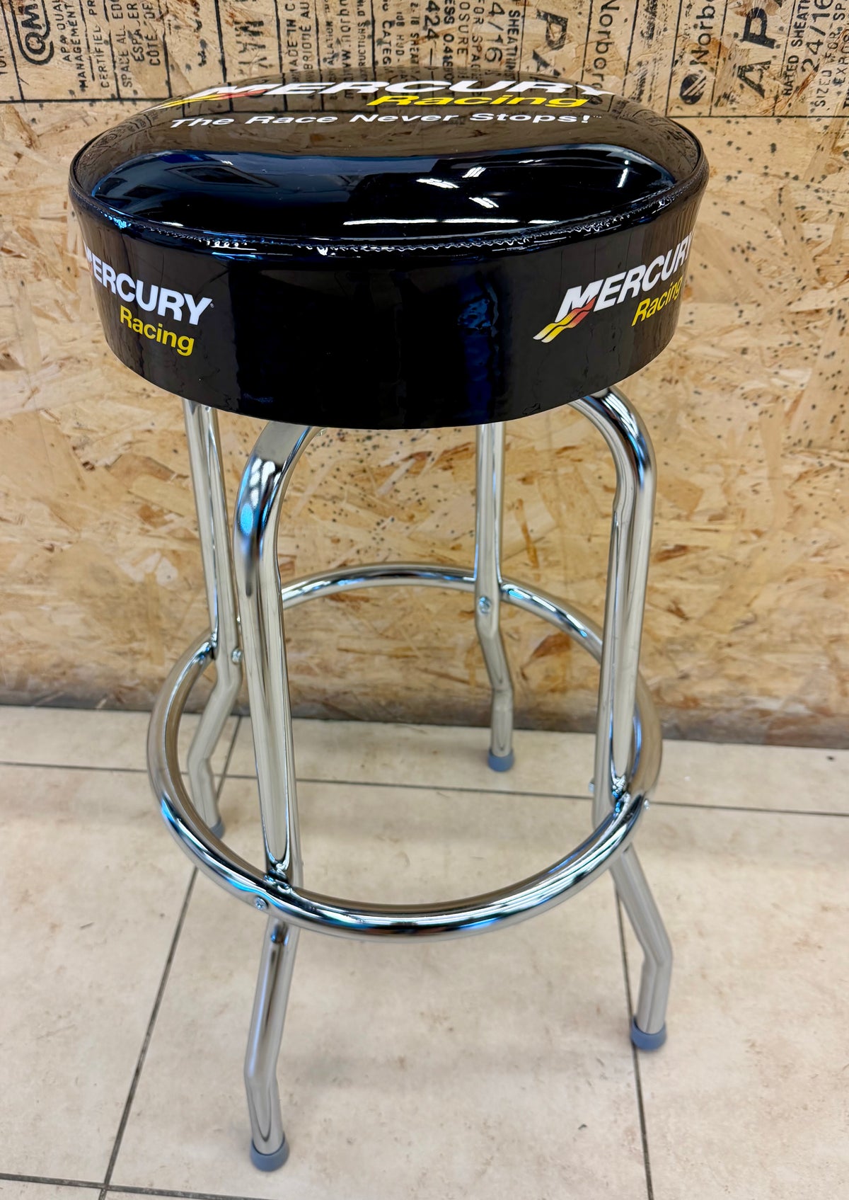 Official Mercury Racing "The Race Never Stops!" Chrome & Vinyl Bar Stool