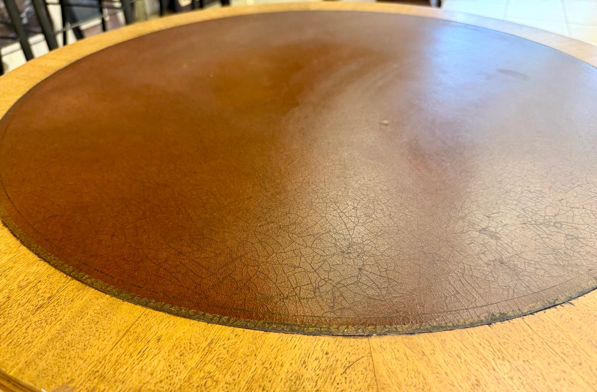 Vintage Round Wood Accent Table with Leather Inset Top and Brass Paw Feet