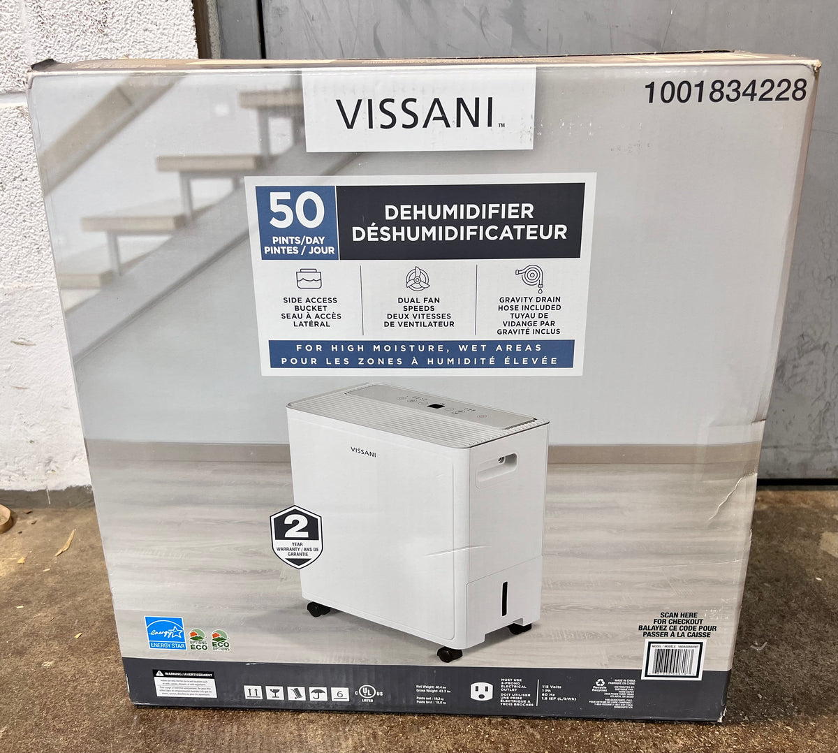 Vissani 50 Pint Capacity Portable Dehumidifier, 4,500 Sq. Ft. Coverage