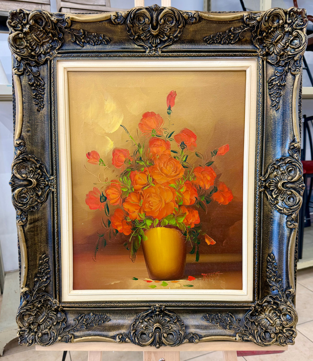 Vintage Impasto Floral Oil Painting in Ornate Baroque Frame