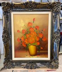 Vintage Impasto Floral Oil Painting in Ornate Baroque Frame