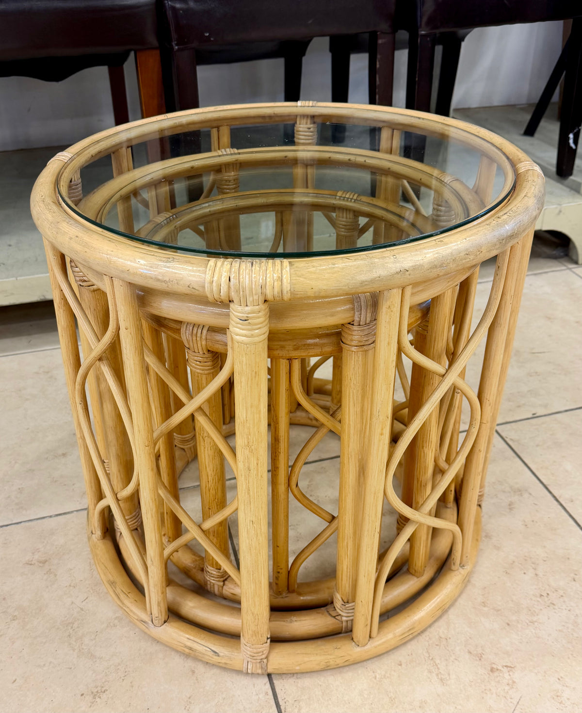 Vintage Boho Chic Nesting Rattan and Glass Accent Tables Set of 3