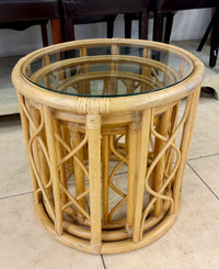 Vintage Boho Chic Nesting Rattan and Glass Accent Tables Set of 3