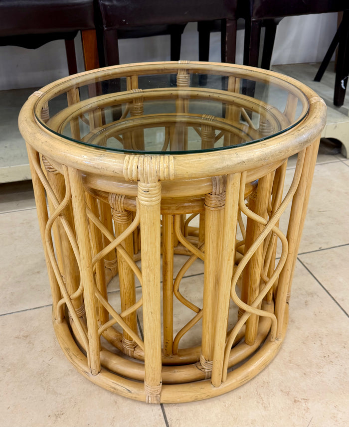 Vintage Boho Chic Nesting Rattan and Glass Accent Tables Set of 3