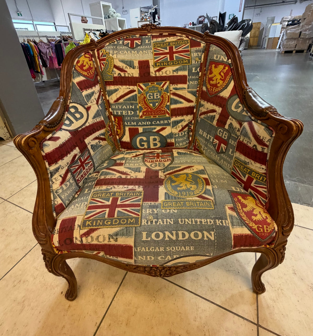 Vintage-Style French Bergère Accent Armchair with British Union Jack Tapestry Upholstery