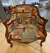 Vintage-Style French Bergère Accent Armchair with British Union Jack Tapestry Upholstery