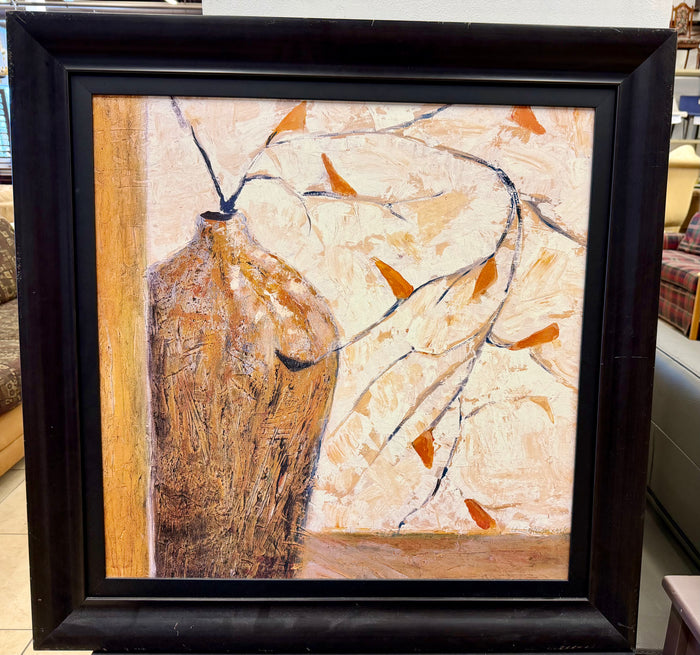 Large 34" X 34" Signed U.S. Stokowski Textured Still Life – Modern Vase & Leaves – Framed