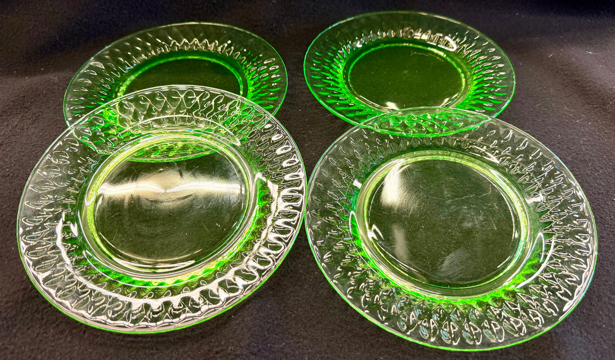 Set of 4 Vibrant Vintage Green Uranium Glass Textured Bark Pattern Salad Plates