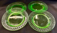 Set of 4 Vibrant Vintage Green Uranium Glass Textured Bark Pattern Salad Plates