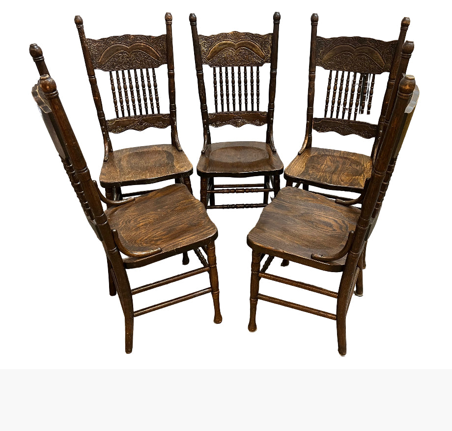 5-Piece Antique Solid Oak Dining Chair Set – Classic Spindle-Back Design