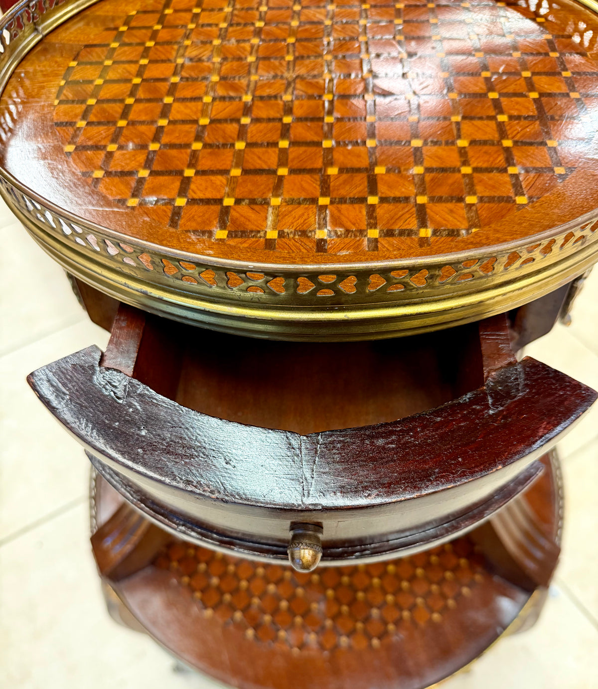 French-Style Marquetry Two-Tier Side Table with Brass Gallery and Ormolu Accents