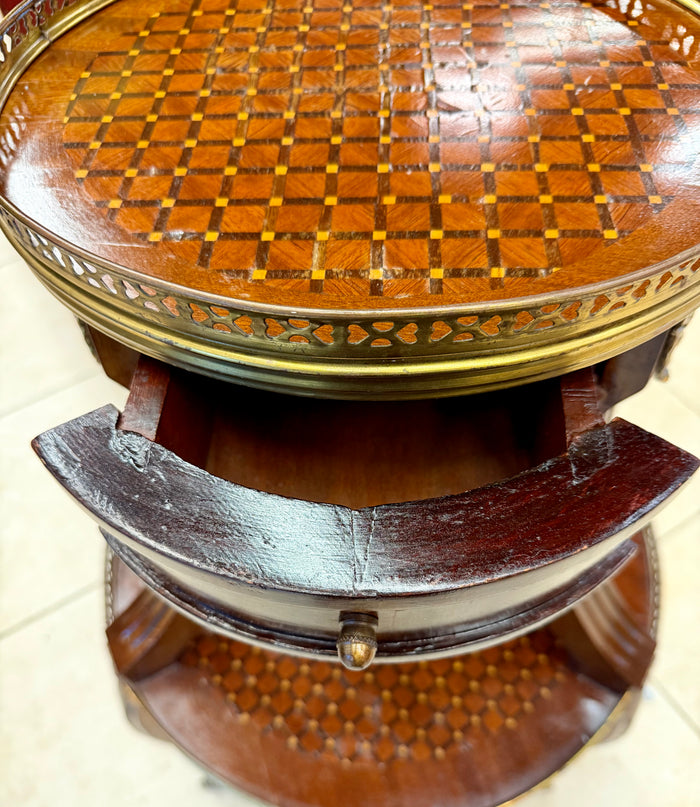 French-Style Marquetry Two-Tier Side Table with Brass Gallery and Ormolu Accents
