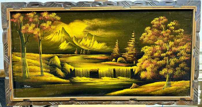 Vintage Mid-Century Mexican Velvet Waterfall and Mountain Landscape Painting