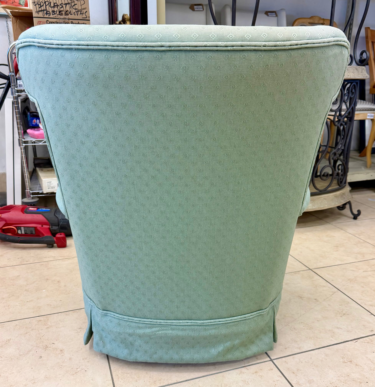 Vintage Sage Green Tufted Armchair with Turned Wood Accents