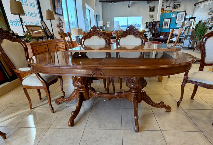 Milano Italian Baroque Dining Set: Lacquered Burl & Floral Inlay with 6 chairs