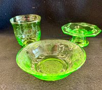 Vintage Art Deco Etched Green Uranium Glass Multi-Piece Set (Bowl, Tumbler, and Stand)