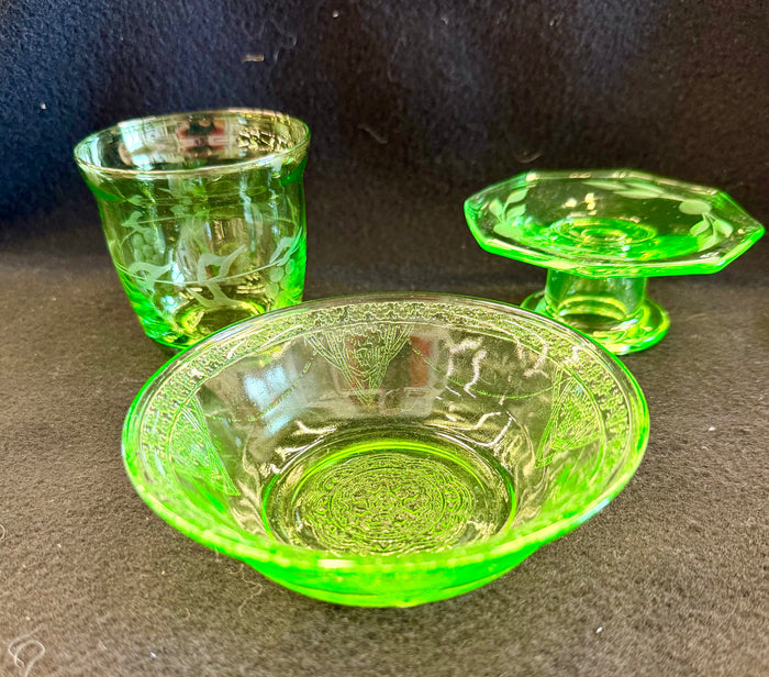 Vintage Art Deco Etched Green Uranium Glass Multi-Piece Set (Bowl, Tumbler, and Stand)