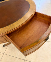 Vintage Round Wood Accent Table with Leather Inset Top and Brass Paw Feet