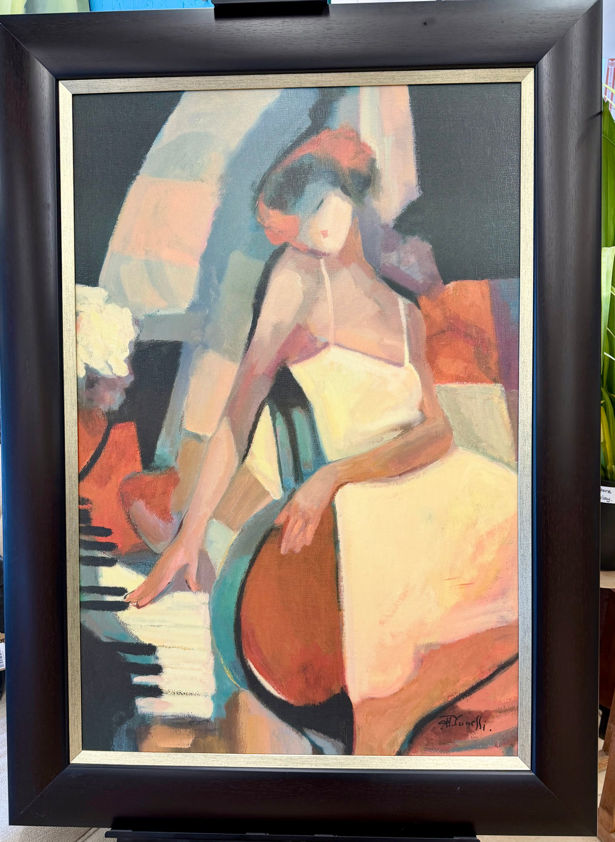 Stunning Large Mid-Century Style Modern Figurative Painting – Woman at Piano