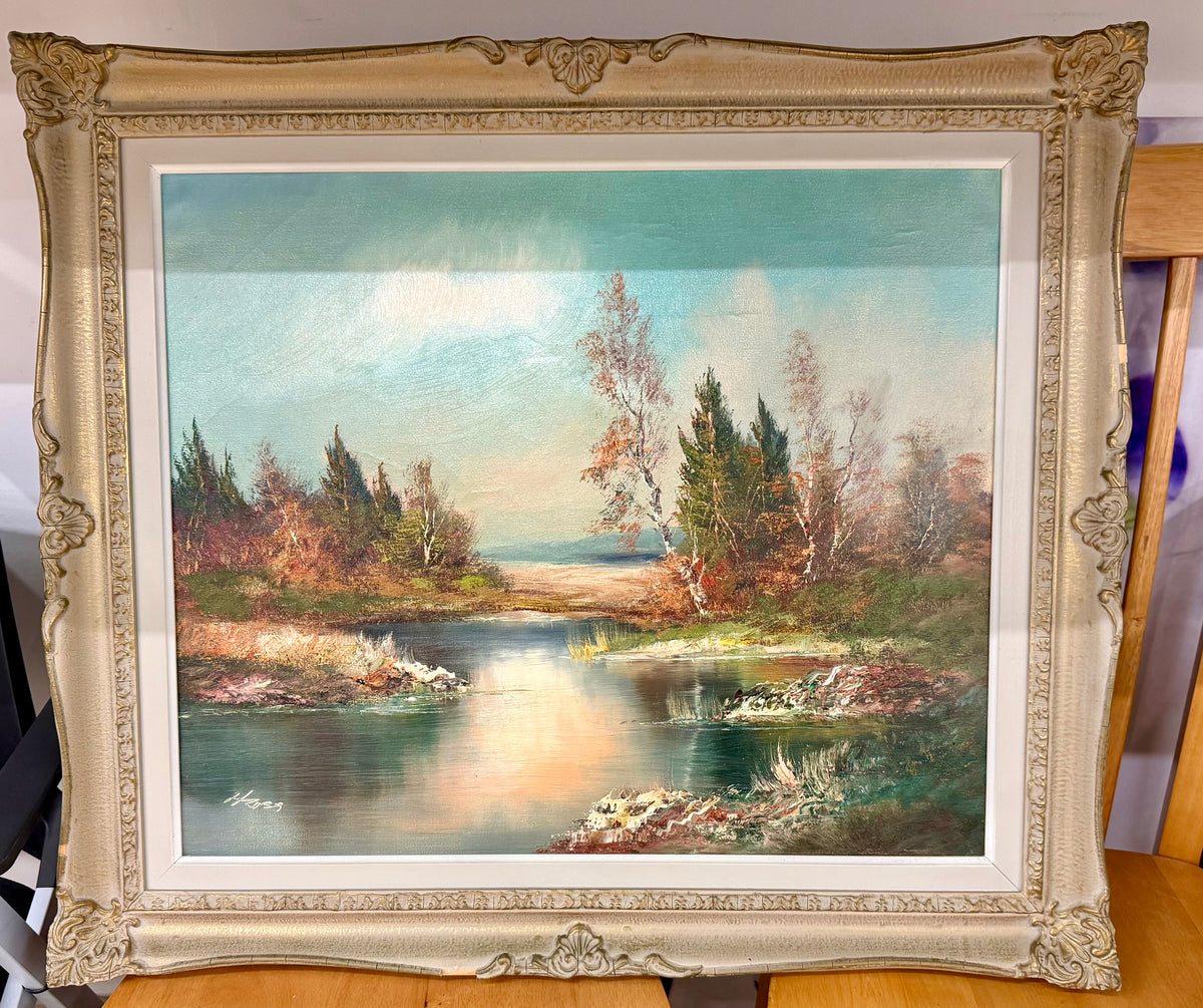 "Serene River Reflection" by H. Ross – Large Original Oil on Canvas