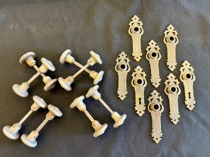 Antique Arts and Crafts Hammered Door Hardware Lot - 4 Matching Knob sets & 8 Escutcheon Plates