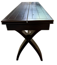 Convertible Space-Saving Black Wood Drop-Leaf Console-to-Dining Table with Architectural X-Base