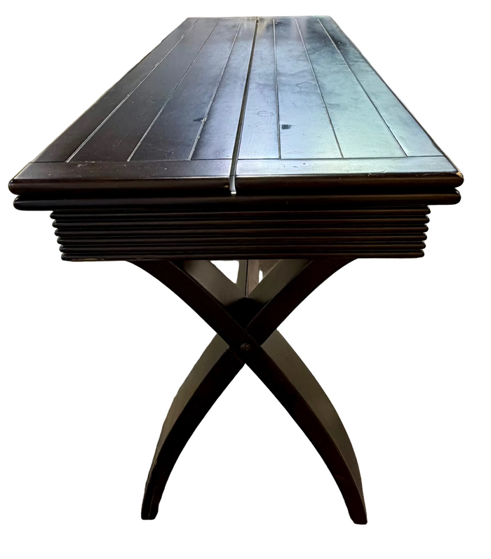 Convertible Space-Saving Black Wood Drop-Leaf Console-to-Dining Table with Architectural X-Base