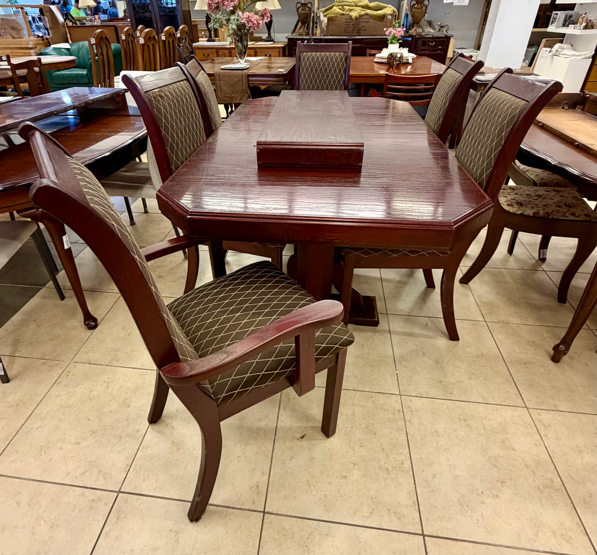 Traditional Mahogany Dining Suite with Diamond-Pattern Upholstered Chairs (AS IS)