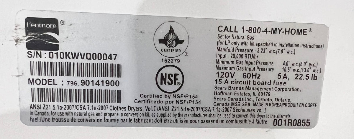 Kenmore Gas Front Load Dryer