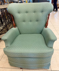Vintage Sage Green Tufted Armchair with Turned Wood Accents