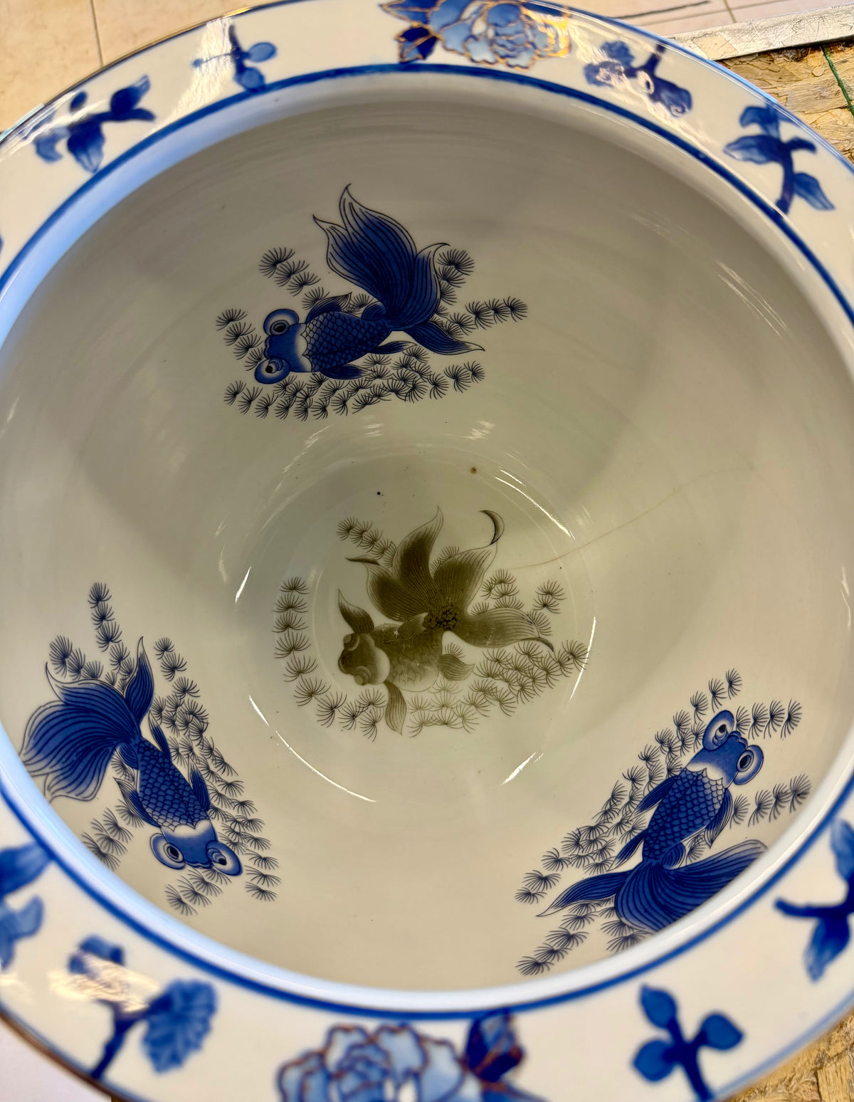 Blue and White Imperial Ceramic Fishbowl Planter with Gilt Accents