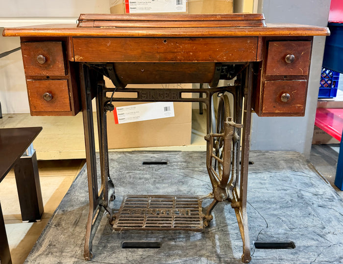 Antique 5-Drawer Singer Treadle Sewing Machine with Cast Iron Base and Wood Cabinet