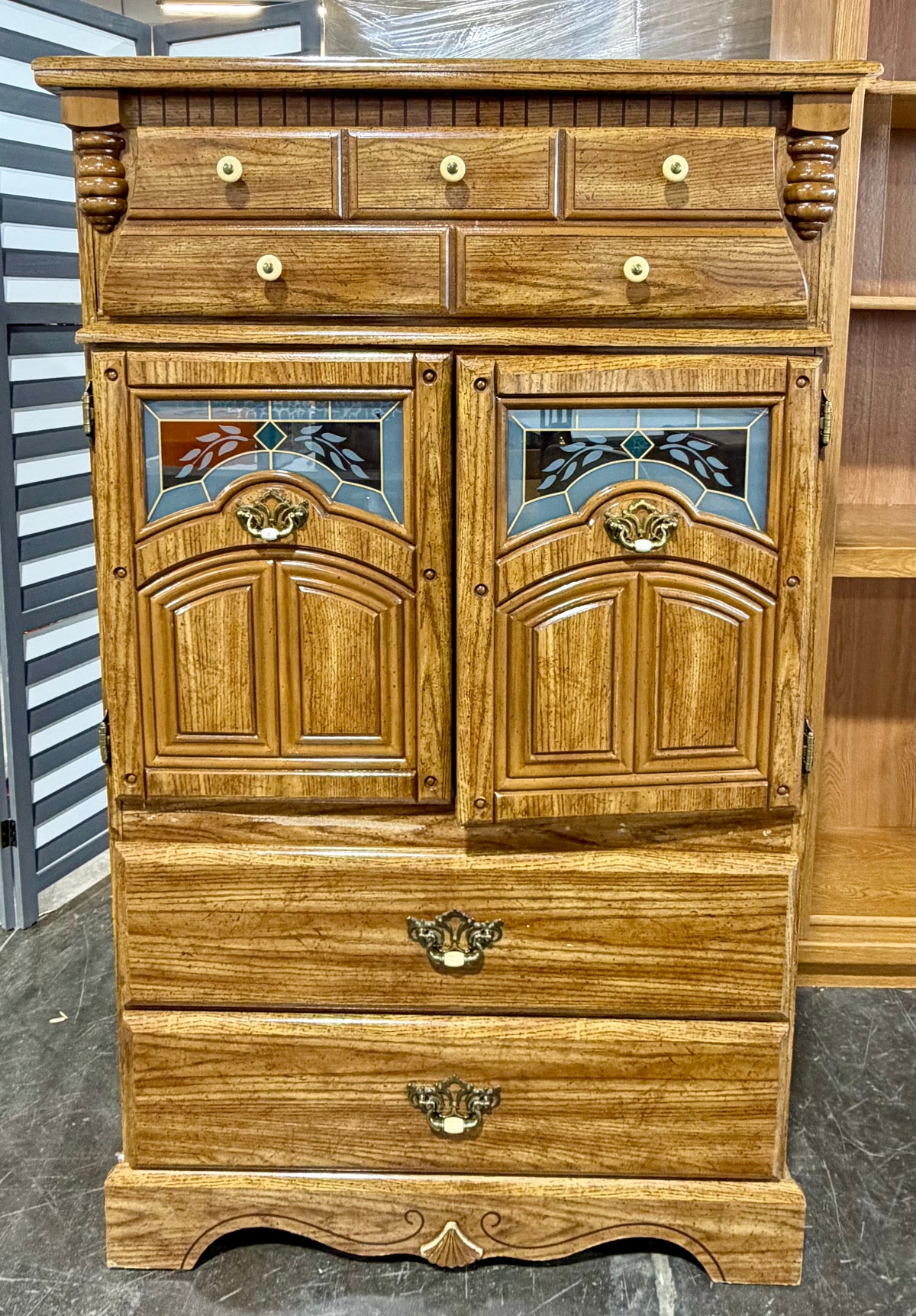 Charming Reproduction Vintage Oak Finished Multi-Tier Storage Armoire with Glass Accents