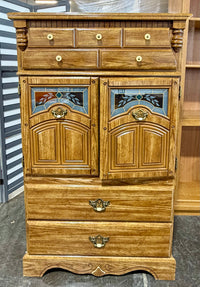Charming Reproduction Vintage Oak Finished Multi-Tier Storage Armoire with Glass Accents