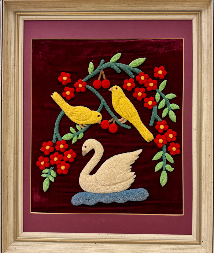 Vintage Framed 3D Punch Needle Velvet Wall Hanging with Swan and Yellow Birds