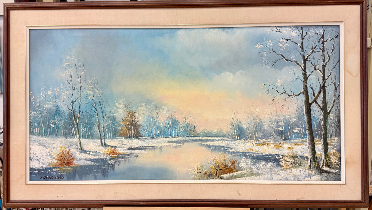 Enchanting Winter Riverbank Oil Painting by Den Braber