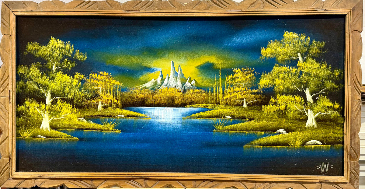 Vintage Velvet Paradise: Luminous Black Velvet Mountain Landscape with Custom Carved Wooden Frame