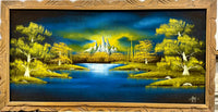 Vintage Velvet Paradise: Luminous Black Velvet Mountain Landscape with Custom Carved Wooden Frame