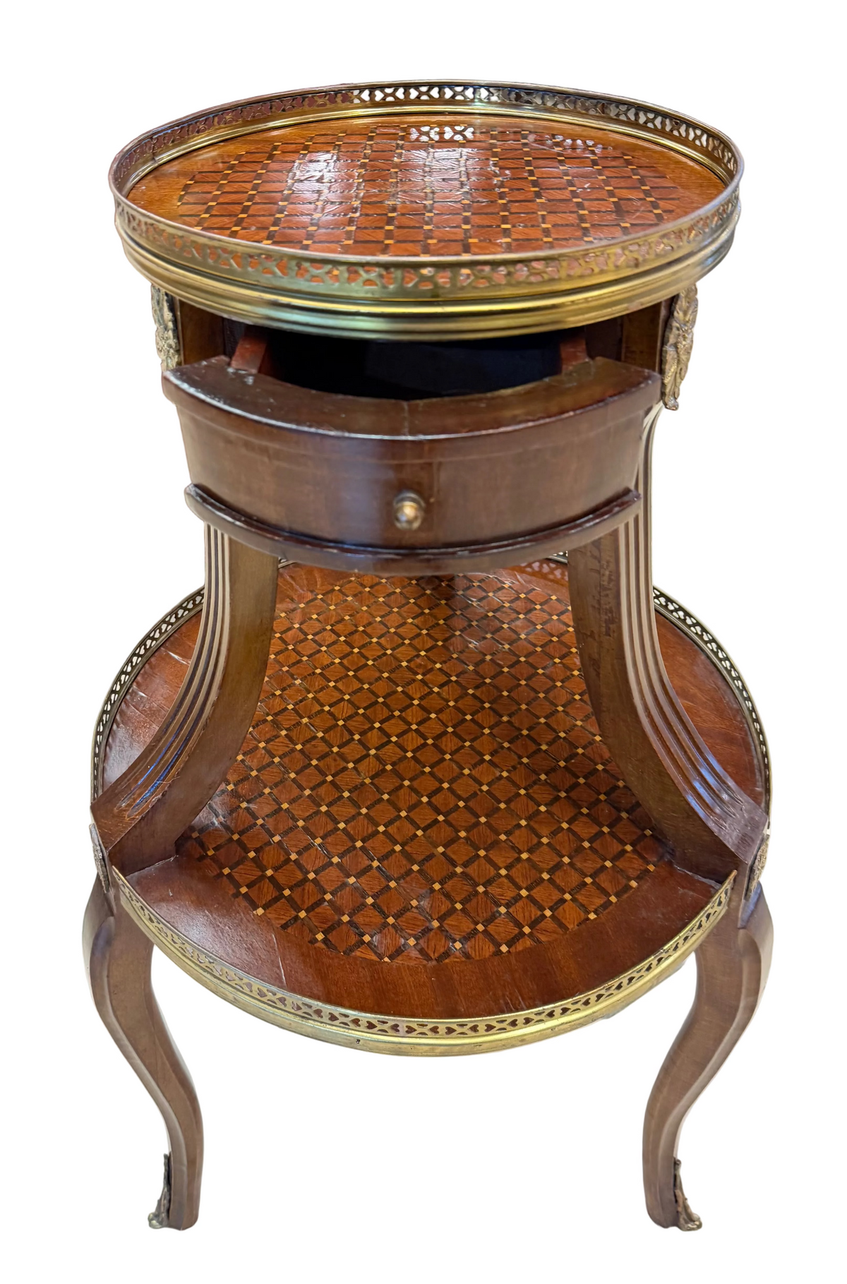 French-Style Marquetry Two-Tier Side Table with Brass Gallery and Ormolu Accents