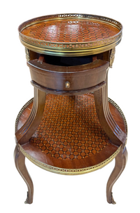French-Style Marquetry Two-Tier Side Table with Brass Gallery and Ormolu Accents