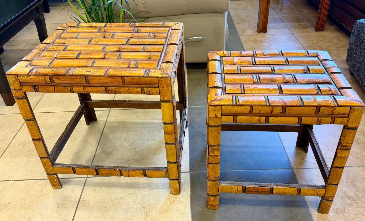 Vintage Bamboo-Design Faux-Brick Nested End Table Set of 2