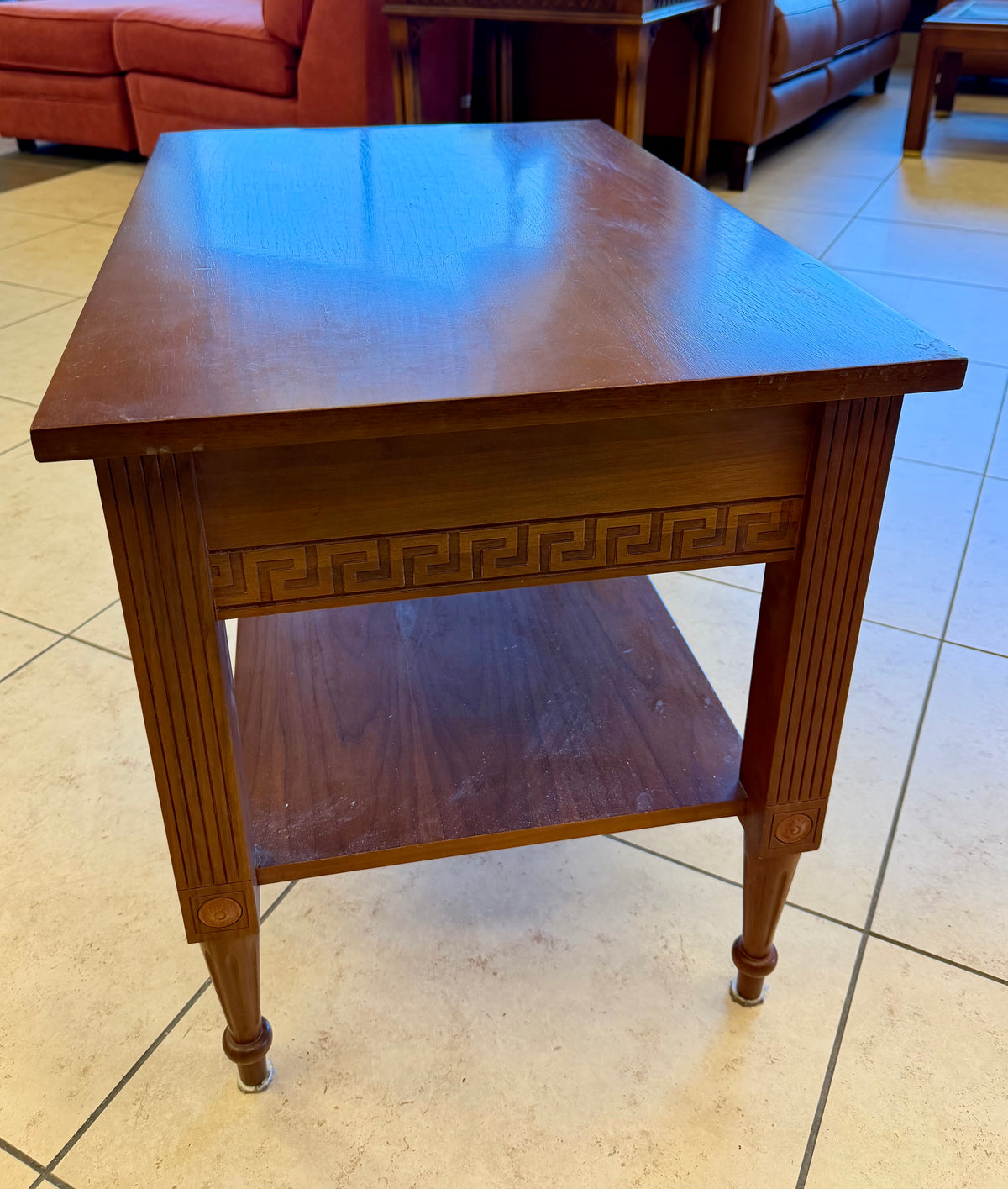 Vintage Neoclassical Style Wood End Table with Greek Key Apron and Lower Shelf