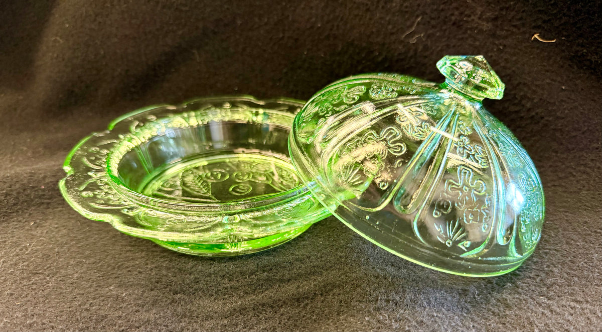 Glowing Vintage Uranium Glass Covered Cheese or Butter Dish