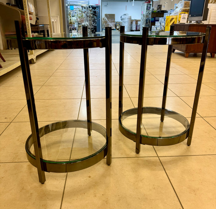 Modern Minimalist: Matching Pair of Gunmetal & Glass End Tables