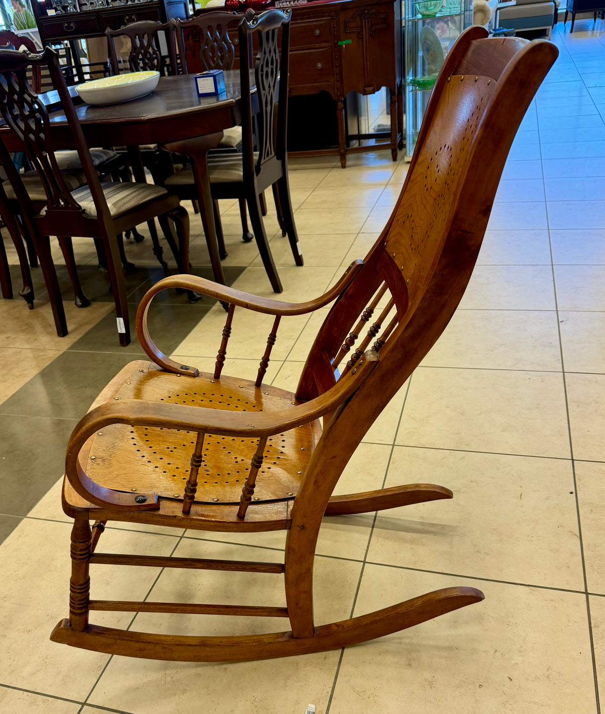 Antique Victorian Oak & Ply-Veneer Punch-Work Rocking Chair with Fleur-de-Lis Motifs