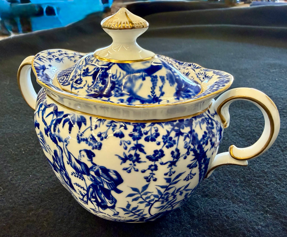 Vintage Royal Crown Derby Blue & White Chinoiserie Covered Sugar Bowl & Matching Scalloped Pickle Dish Set - Made in England