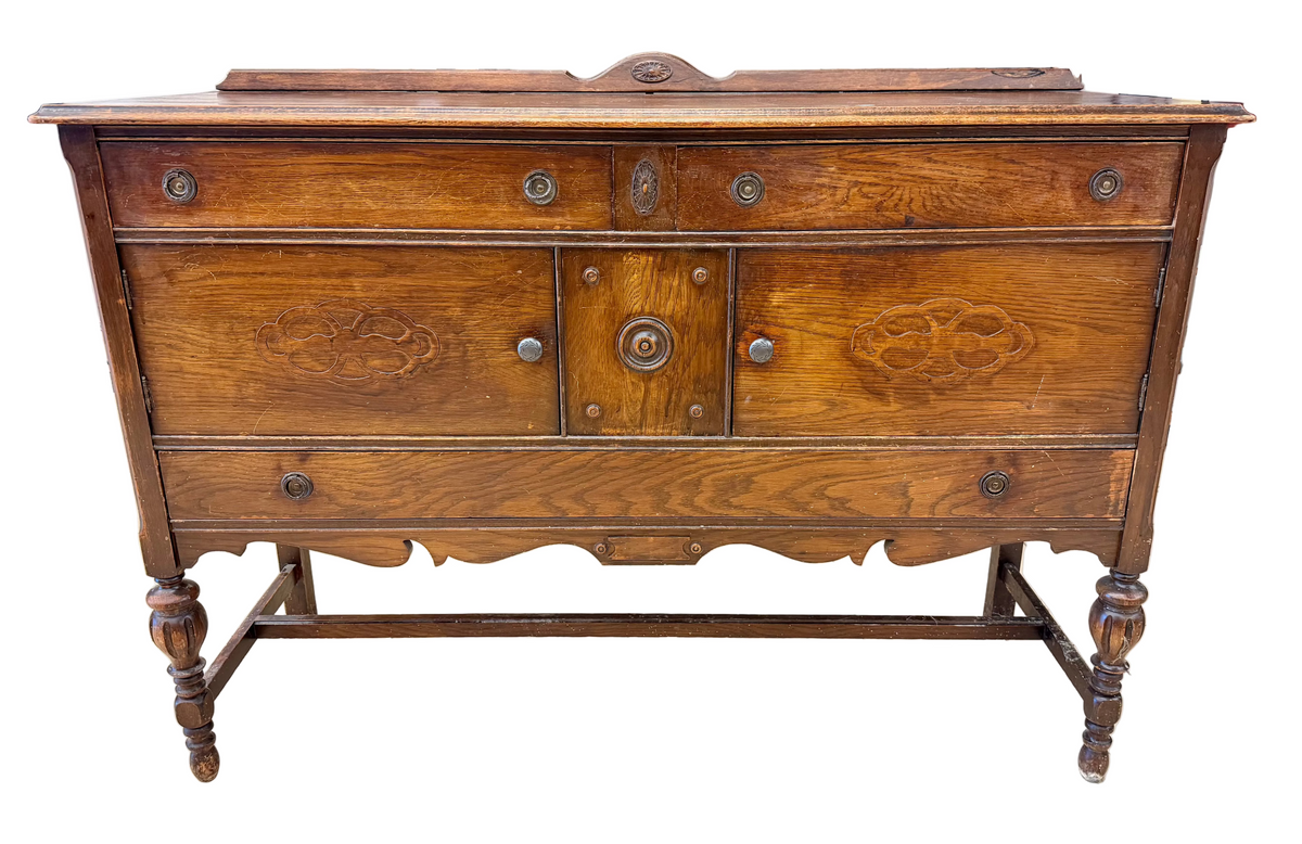 Vintage Jacobean Revival Quarter-Sawn Oak Buffet / Sideboard with Carved Details and Silverware Drawer