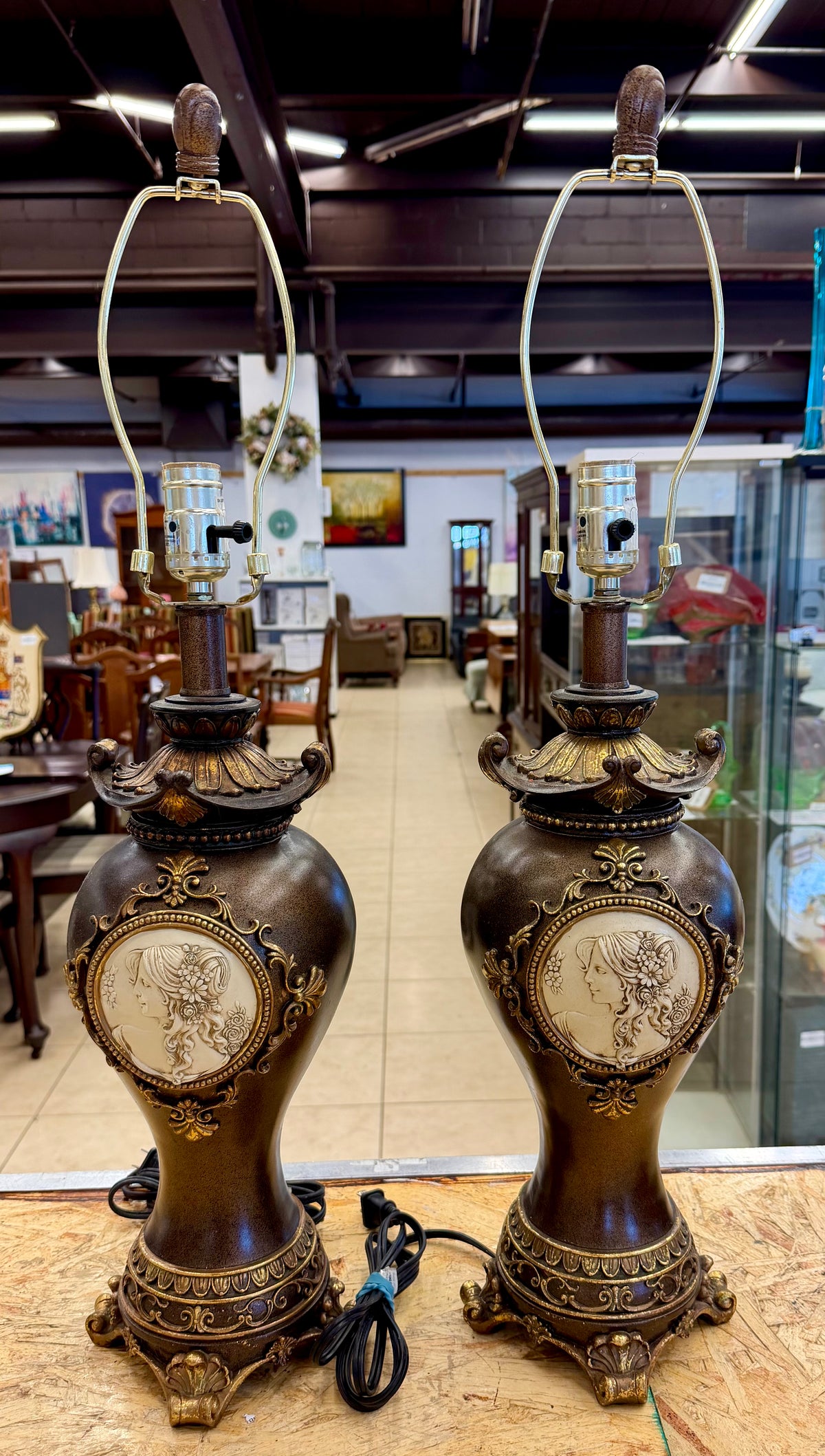 Neoclassical Revival Style Figural Cameo Table Lamp Pair