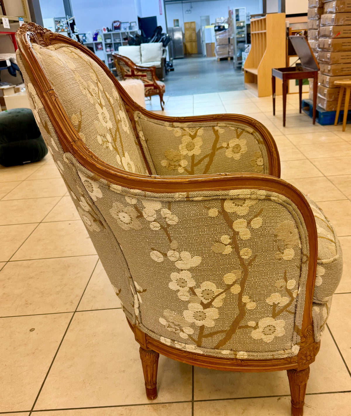 French Louis XVI Style Floral Jacquard Bergère Accent Armchair with Carved Wood